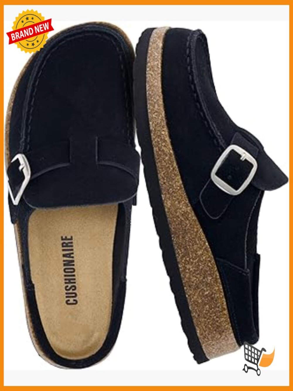 Genuine Leather Suede Mule Clogs with Buckle Strap - Cork Footbed, Supportive